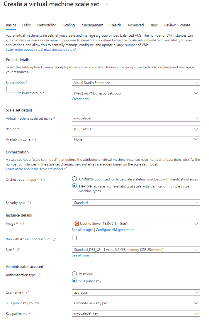 Virtual Machine Scale Set 만들기 프로세스 중 Azure Portal 기본 사항 탭의 스크린샷