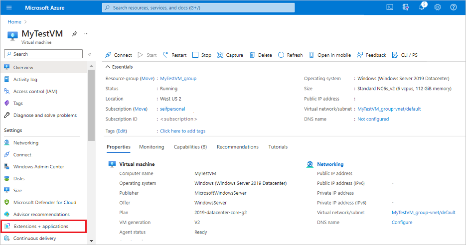 Azure Portal의 가상 머신에서 확장 + 애플리케이션을 선택하는 방법을 보여주는 스크린샷