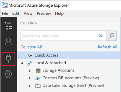 연결 아이콘 위치를 보여 주는 Azure Storage Explorer의 스크린샷