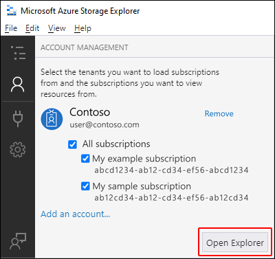 Explorer 열기 위치를 강조 표시하는 Azure Storage Explorer의 스크린샷