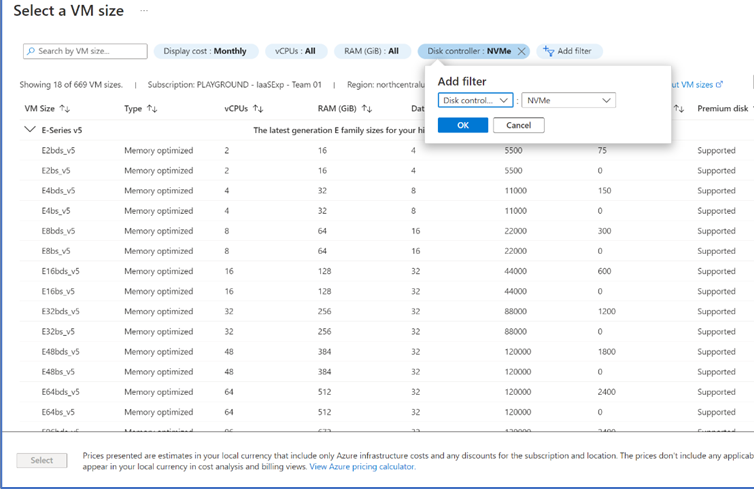 NVMe 인터페이스에 대한 디스크 컨트롤러 필터를 추가하기 위한 선택 항목의 스크린샷.