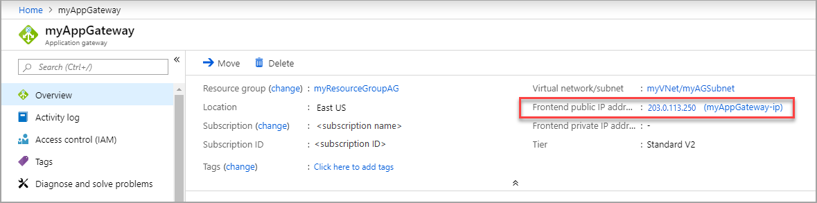 개요 페이지의 Application Gateway 공용 IP 주소 스크린샷.