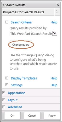 검색 결과 웹 파트 도구 창의 쿼리 변경 단추 스크린샷