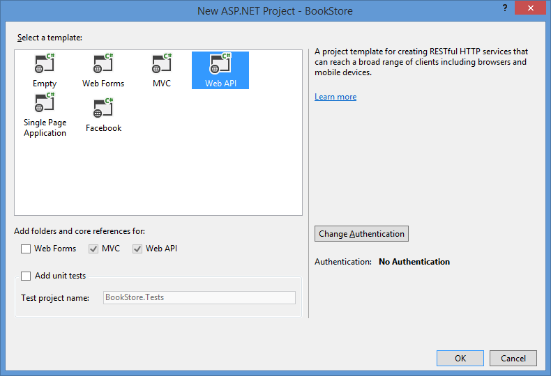 템플릿 옵션 및 템플릿 폴더 및 핵심 참조를 선택하는 검사 상자를 보여 주는 ASP dot NET 프로젝트 책장 대화 상자의 스크린샷.