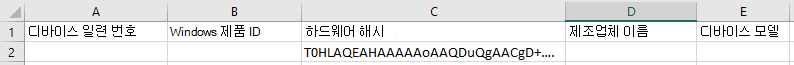 하드웨어 해시 열에 해시 값이 있는 Excel의 CSV 파일 스크린샷