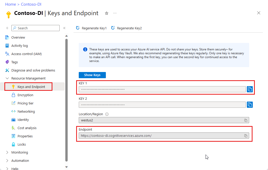 Azure Portal의 키 및 엔드포인트 위치를 보여 주는 스크린샷