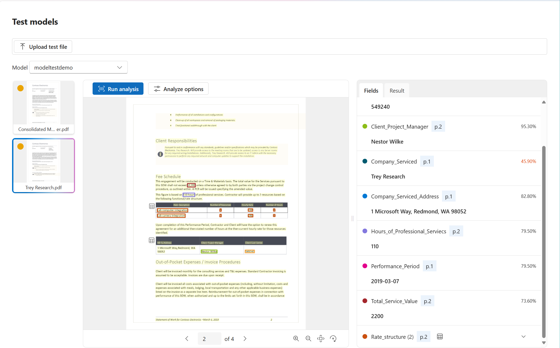 Azure AI 스튜디오를 사용한 사용자 지정 생성 모델 분석의 스크린샷.