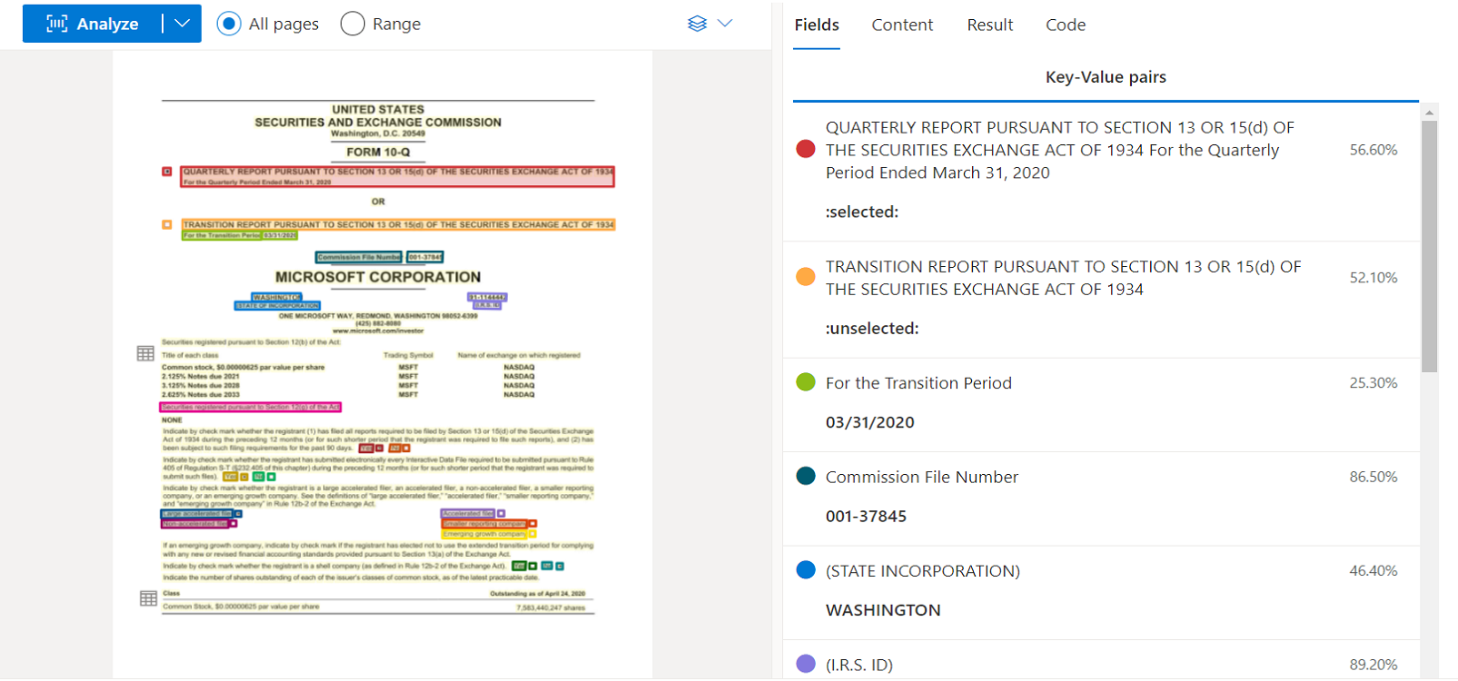 Document Intelligence Studio를 사용한 일반 문서 모델 분석의 스크린샷