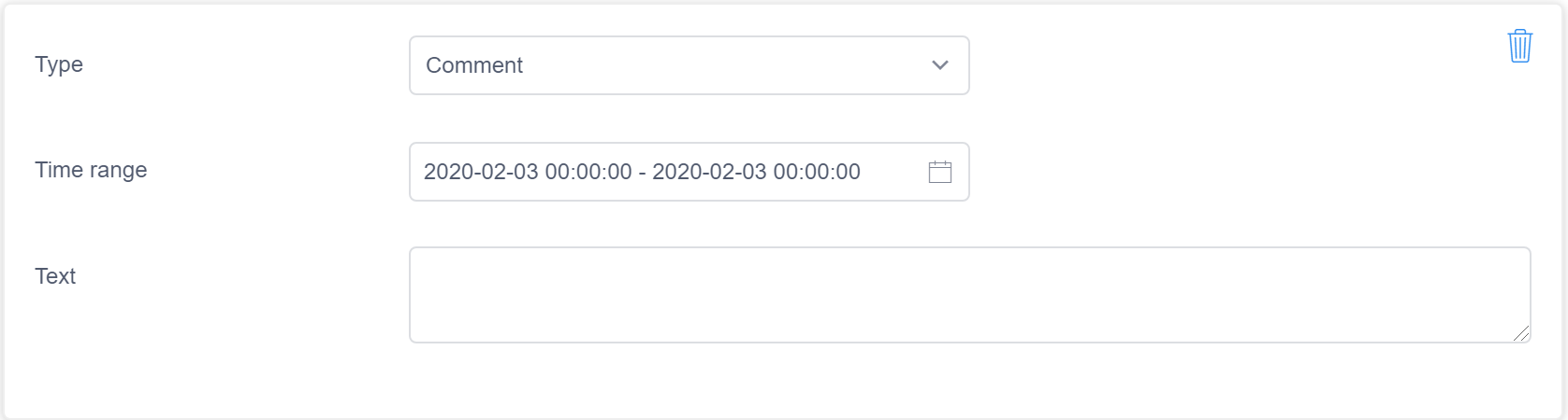 시간 범위를 설정하는 기능과 텍스트 기반 설명을 추가하는 상자가 있는 메뉴