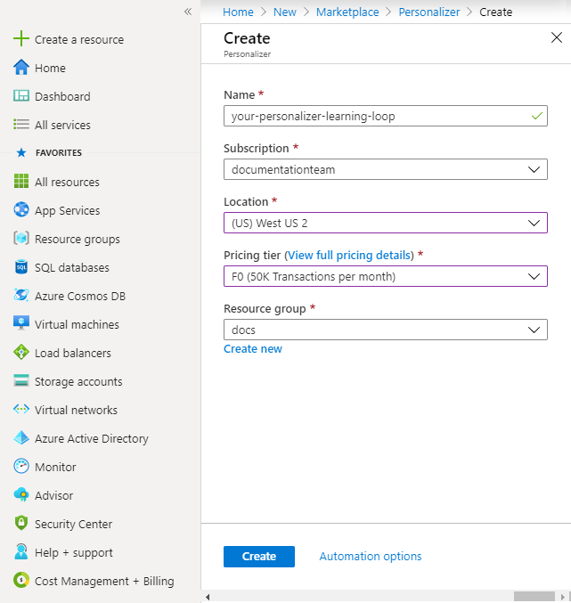 Azure Portal을 사용하여 Personalizer 리소스 만듭니다(학습 루프라고도 함).