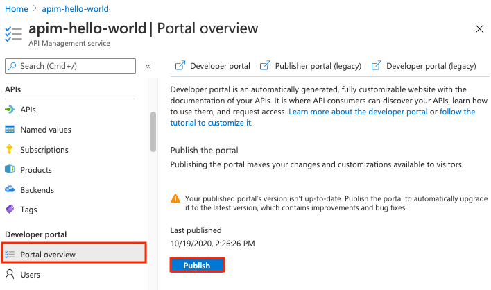 Azure Portal에서 개발자 포털 게시 스크린샷