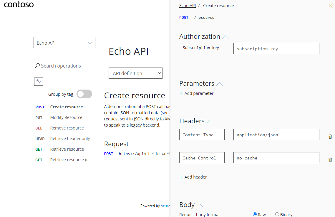 API Management 개발자 포털의 테스트 콘솔 스크린샷.