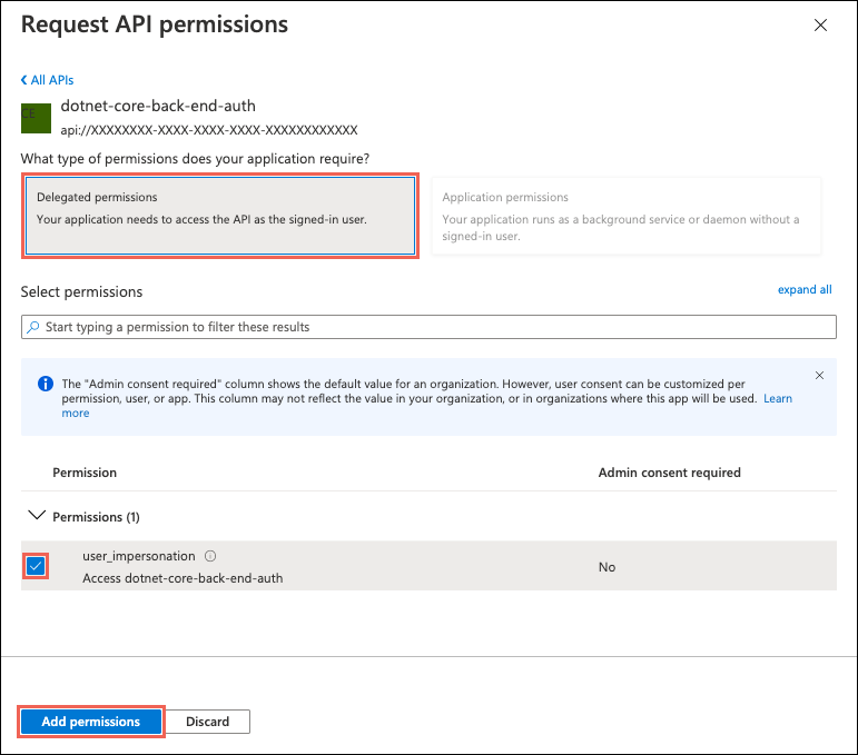 위임된 권한, user_impersonation 및 선택된 권한 추가 단추를 보여주는 API 권한 요청 페이지의 스크린샷.