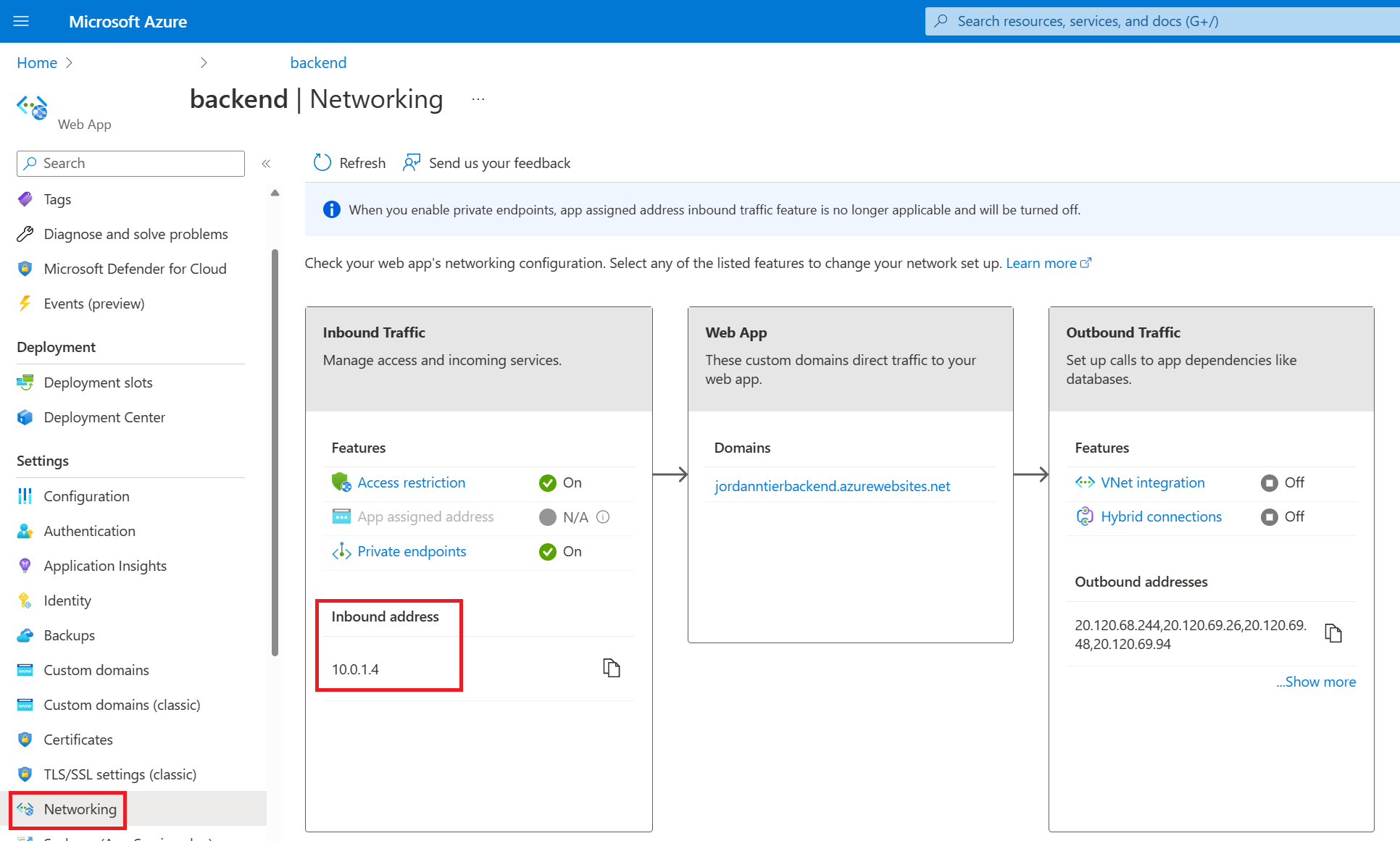 Screenshot of App Service Networking page showing the inbound IP of the app.