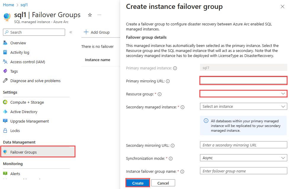 Azure Portal에서 인스턴스 장애 조치(failover) 그룹 제어를 만드는 것을 보여 주는 스크린샷.