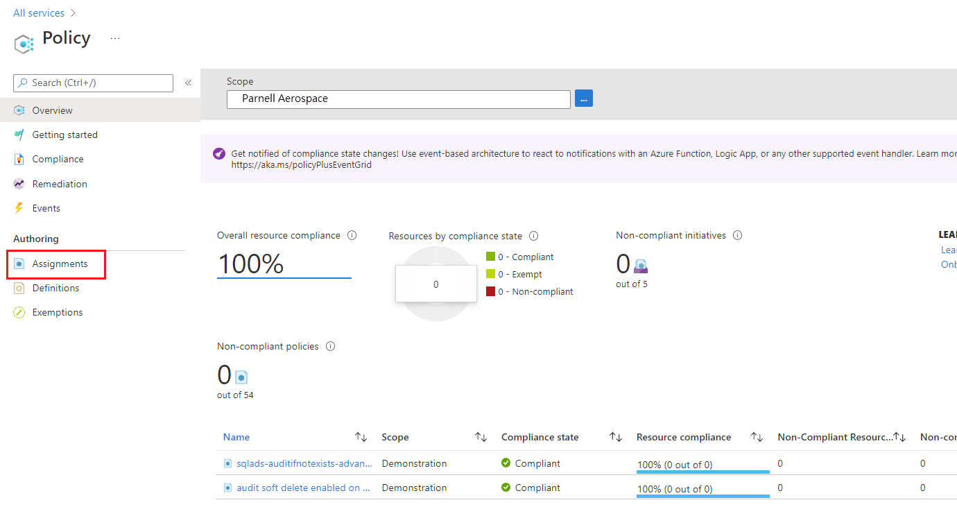 Screenshot of All services Policy window showing policy assignments.