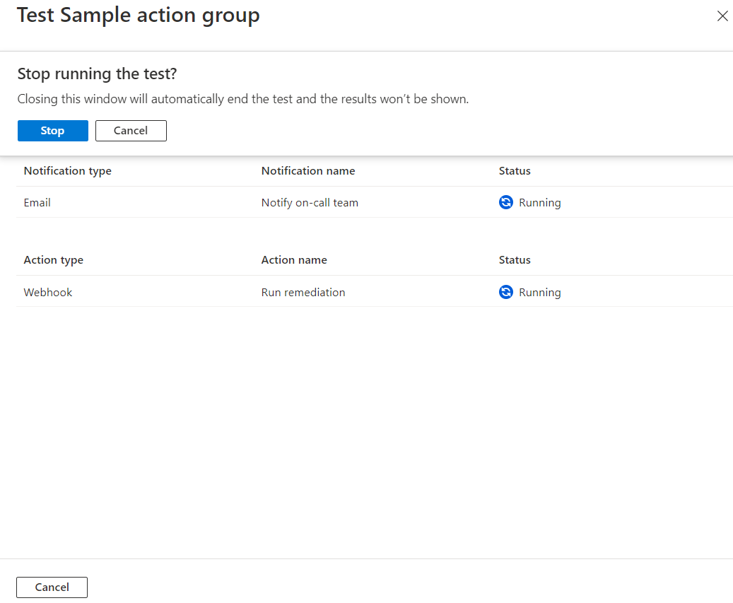 테스트 샘플 작업 그룹 페이지를 보여 주는 스크린샷. 대화 상자에는 중지 단추가 포함되어 있으며 사용자에게 테스트 중지에 대해 묻습니다.