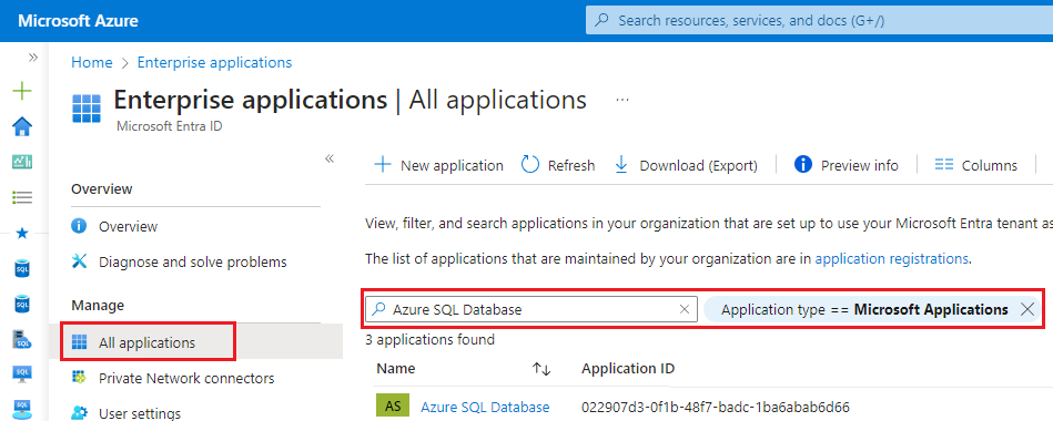 Azure Portal에서 Microsoft 애플리케이션으로서의 Azure SQL 데이터베이스 스크린샷.