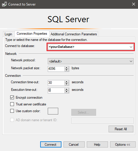 SSMS(SQL Server Management Studio)의 서버에 연결 대화 상자에 있는 옵션 탭 스크린샷