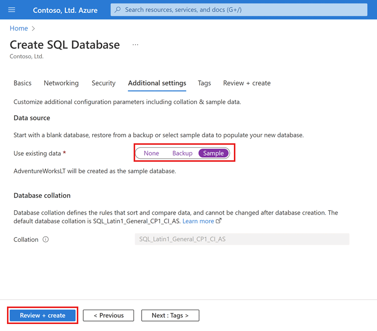 Azure SQL Database에서 데이터베이스를 생성하는 ‘추가 설정’ 화면의 스크린샷을 통해 샘플 데이터를 선택할 수 있습니다.