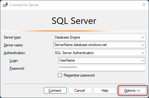 SSMS 옵션 단추를 보여 주는 스크린샷