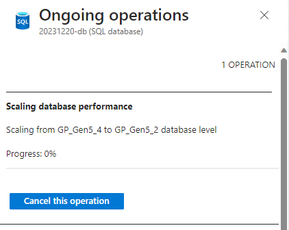 진행 중인 작업 페이지와 이 작업 취소 버튼을 보여 주는 Azure Portal의 스크린샷.