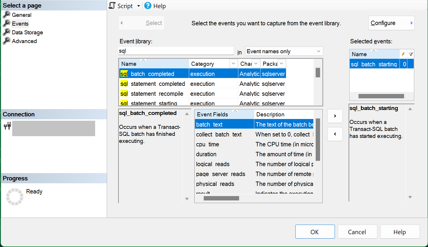 sql_batch_starting 이벤트가 선택된 이벤트 선택 페이지를 보여주는 새 세션 SSMS 대화 상자의 스크린샷.