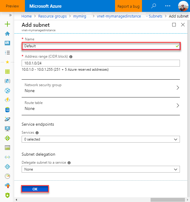 클라이언트 VM의 새 SQL Managed Instance 서브넷