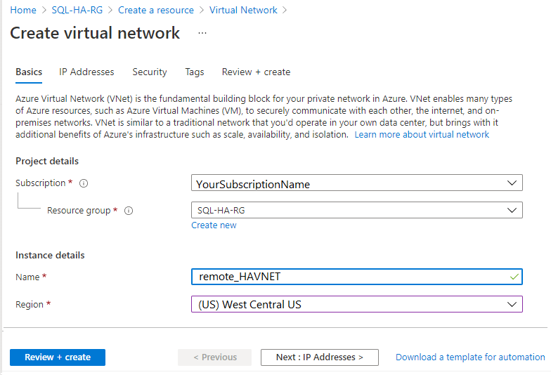 원격 지역에서 가상 네트워크를 만들기 위한 선택 항목을 보여 주는 Azure Portal 스크린샷