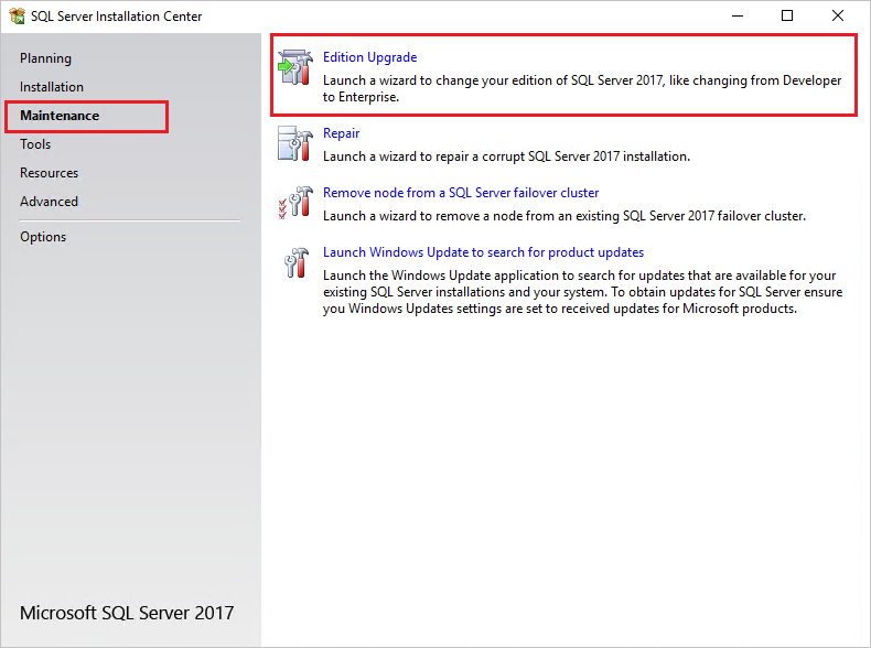 SQL Server 버전을 업그레이드하기 위한 선택 항목