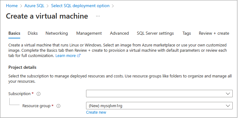 구독 필드부터 시작하여 가상 머신 만들기 페이지의 Azure Portal 스크린샷.