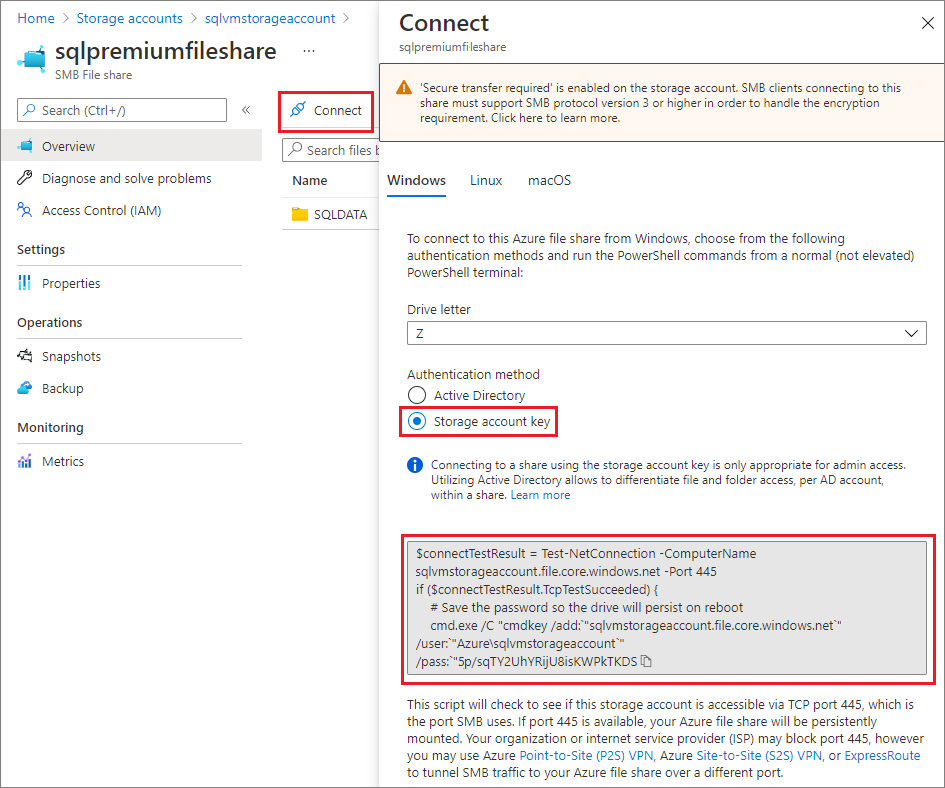 파일 공유 연결 포털에서 PowerShell 명령 복사 방법을 보여 주는 스크린샷입니다.