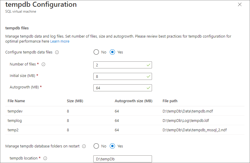 SQL 가상 머신 리소스 페이지에서 Azure Portal의 tempdb 구성 페이지의 스크린샷입니다.