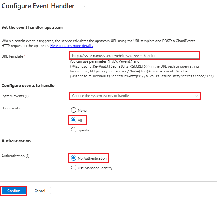 Azure Web PubSub 이벤트 처리기 구성 스크린샷