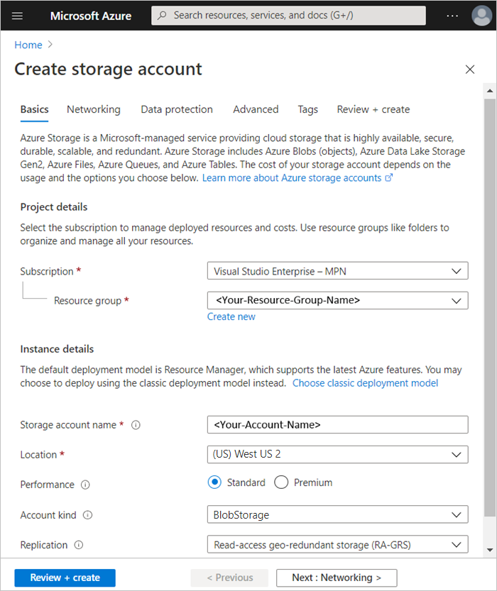 Azure Storage 계정을 만드는 스크린샷.