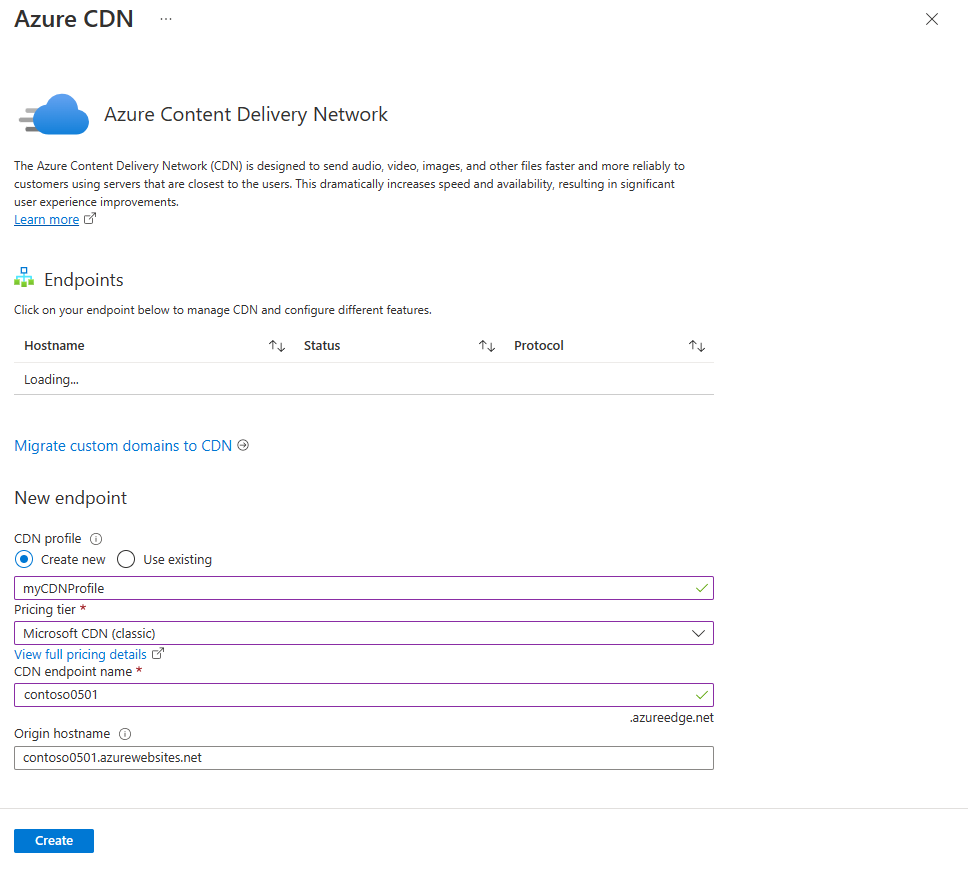 포털에서 Azure Content Delivery Network 프로필 및 엔드포인트를 만드는 스크린샷입니다.