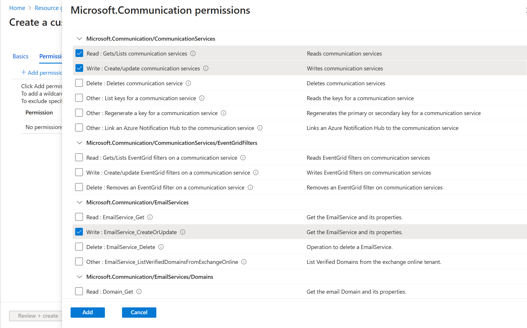 Azure Communication Services의 권한 추가를 보여 주는 스크린샷.