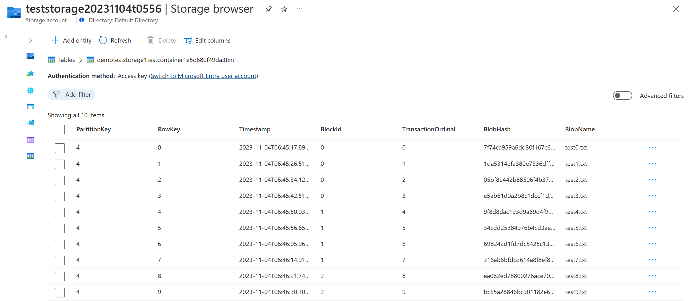 Blob 해시가 저장되는 트랜잭션 테이블을 보여 주는 웹 브라우저의 Azure Portal 스크린샷.