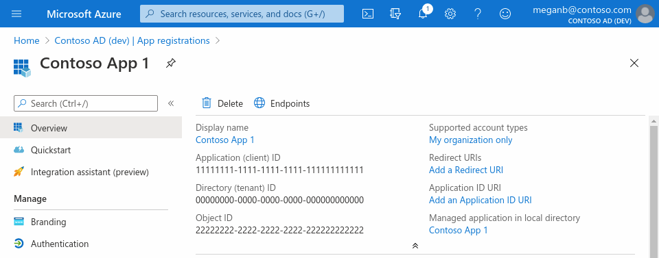 앱 등록의 개요 창을 보여 주는 웹 브라우저의 Azure Portal에 대한 스크린샷.