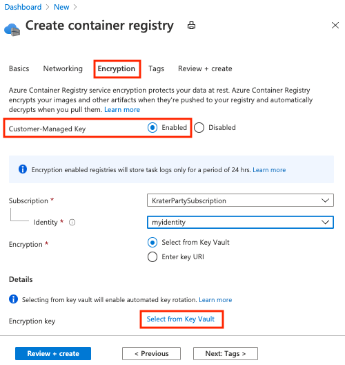 Azure Portal에서 암호화된 레지스트리를 만드는 옵션을 보여 주는 스크린샷