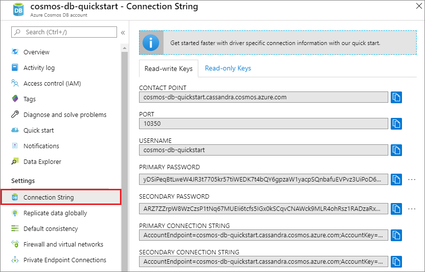 Azure Portal, 연결 문자열 블레이드에서 액세스 사용자 이름, 암호 및 접점 보기 및 복사