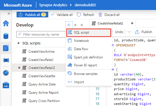 Synapse Analytics 작업 영역에 SQL 스크립트 추가