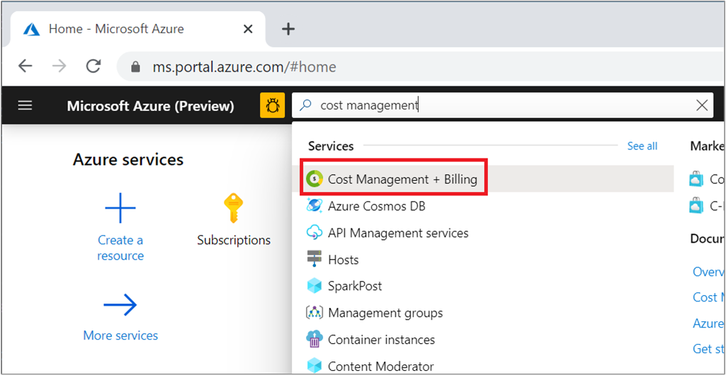 Cost Management + Billing에 대한 Azure Portal 검색을 보여 주는 스크린샷.