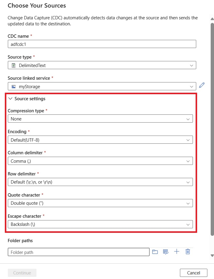 Screenshot of advanced source settings to set delimiters.