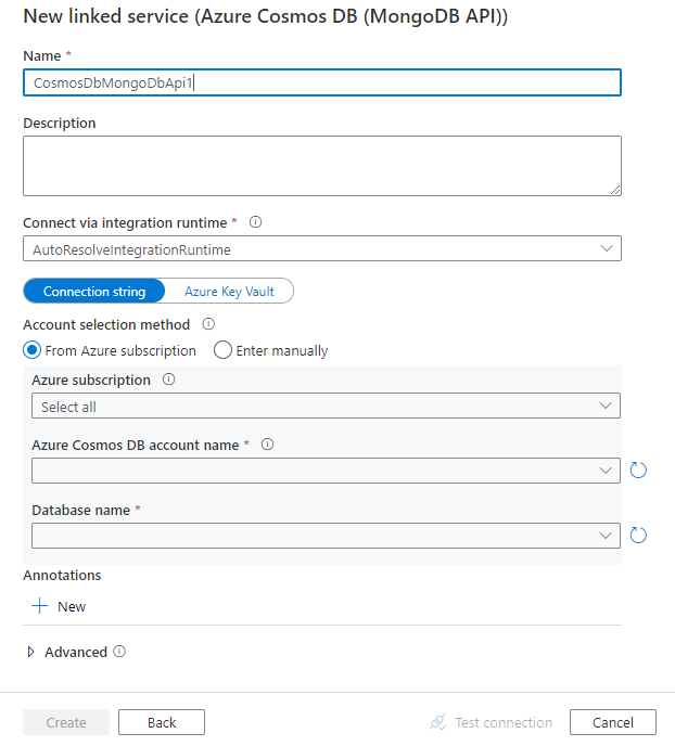 Azure Cosmos DB for MongoDB에 연결된 서비스를 구성합니다.