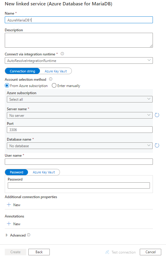 Azure Database for MariaDB의 연결된 서비스 구성 스크린샷.