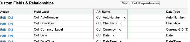 Salesforce 연결 API 이름 목록