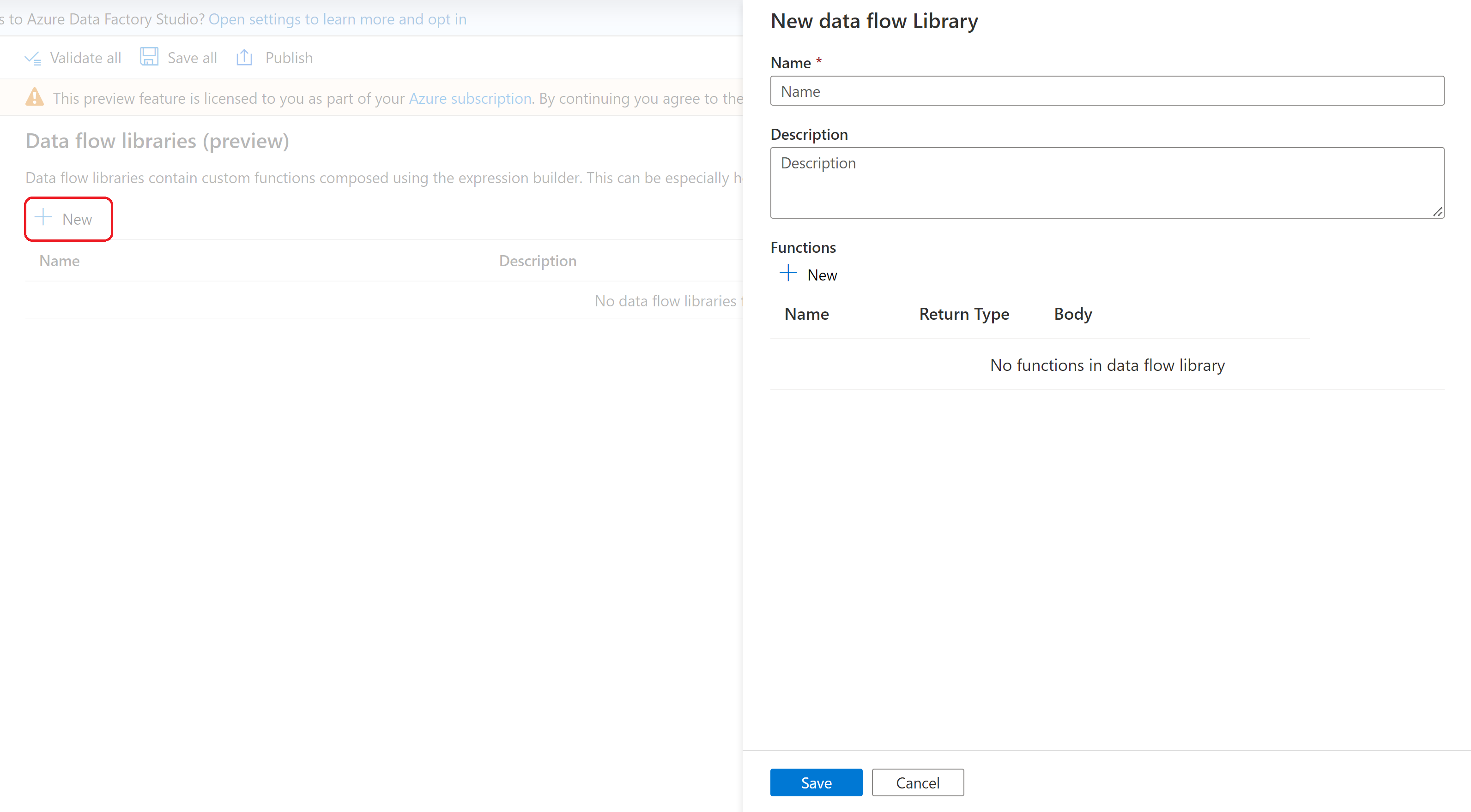 Screenshot showing the data flow libraries creation pane.