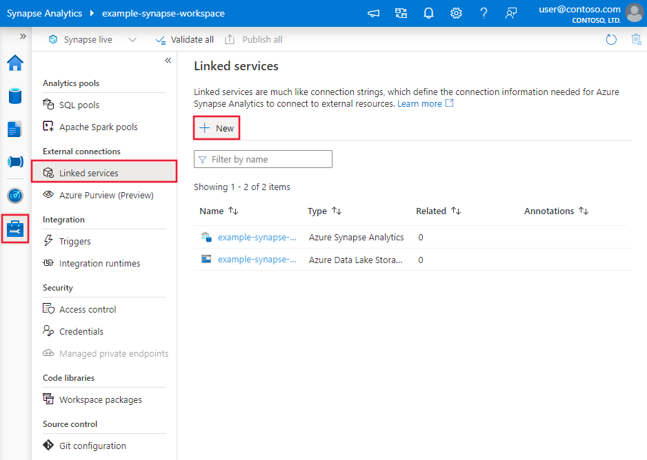 Azure Synapse U I를 사용하여 연결된 새로운 서비스를 만드는 스크린샷.