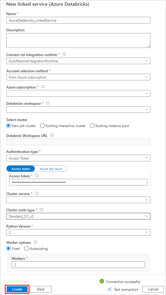 새 Azure Databricks 연결된 서비스의 구성을 보여 주는 스크린샷